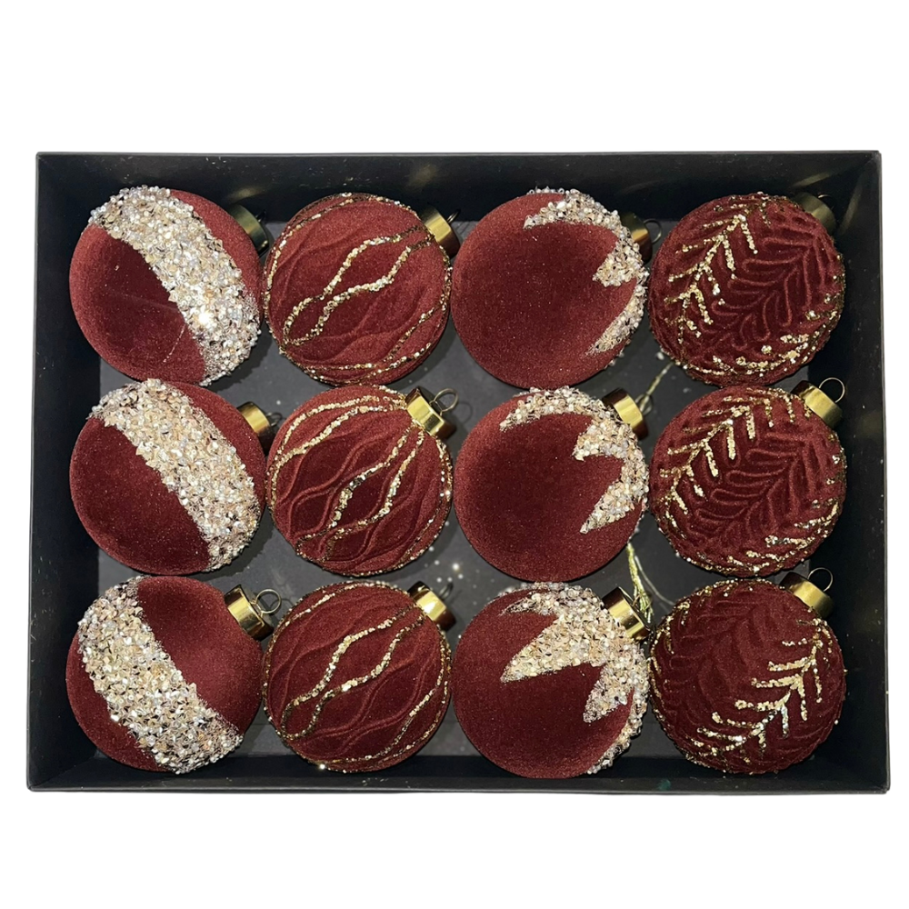 Zamatové vianočné gule 12ks - rôzne farby