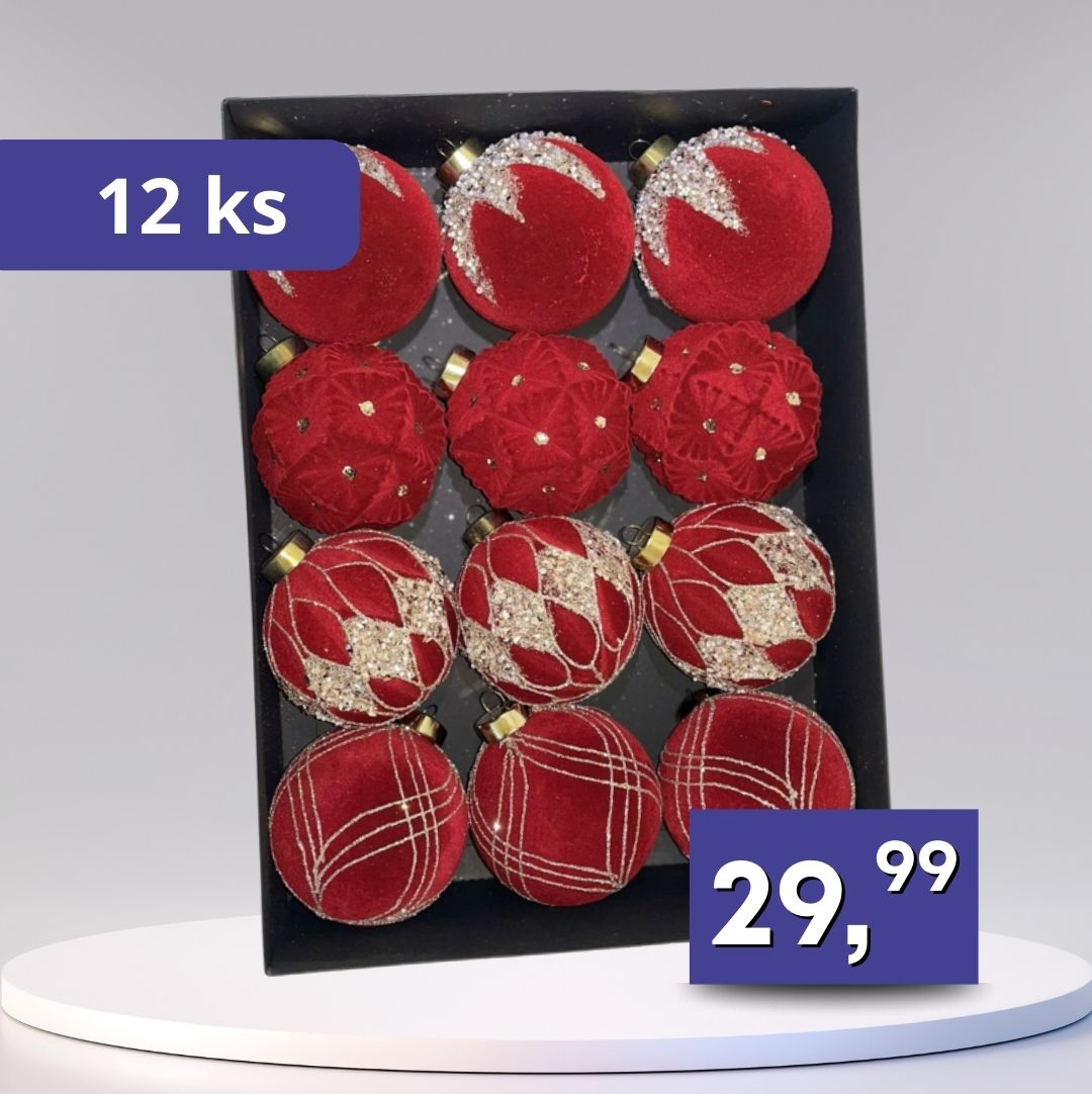 Zamatové vianočné gule 12ks - rôzne farby