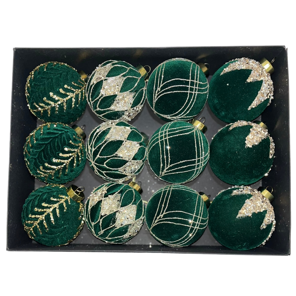 Zamatové vianočné gule 12ks - rôzne farby