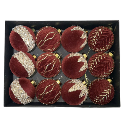 Zamatové vianočné gule 12ks - rôzne farby