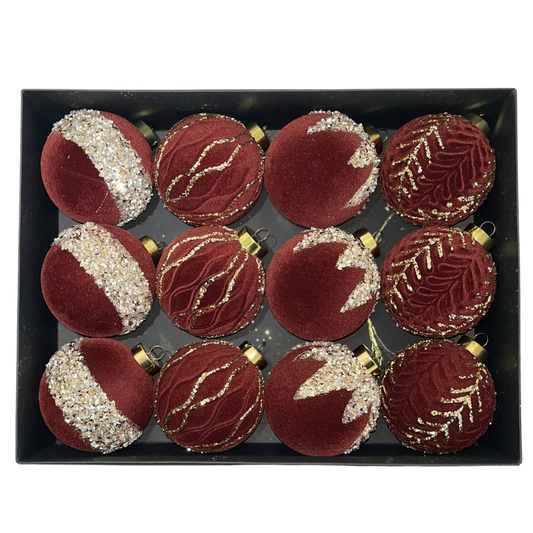 Zamatové vianočné gule 12ks - rôzne farby