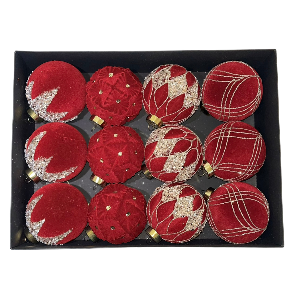Zamatové vianočné gule 12ks - rôzne farby