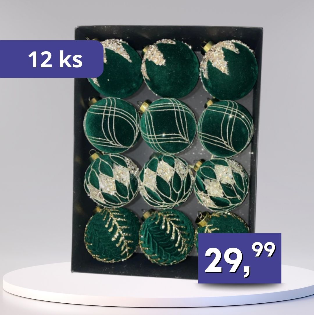 Zamatové vianočné gule 12ks - rôzne farby