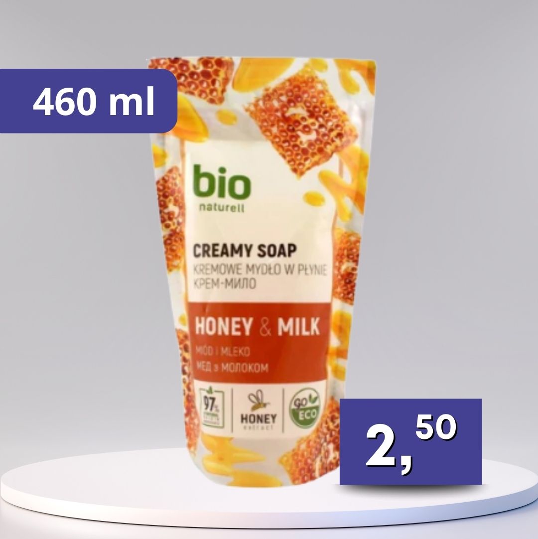 Bio Naturell – tekuté mydlo mlieko/med, náhradná náplň 460 ml