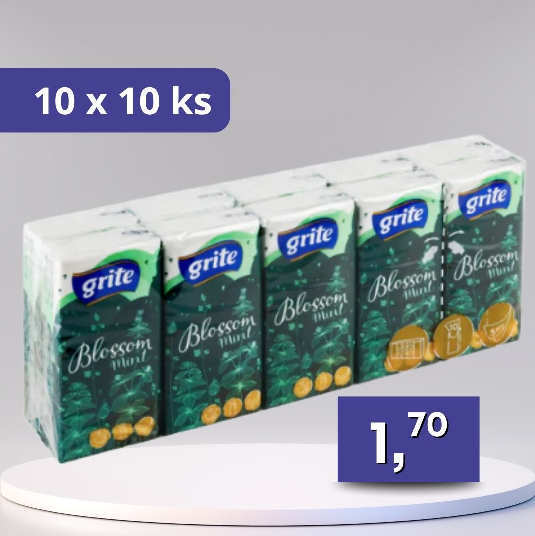 Grite – papierové vreckovky 3-vrstvové, Mint 10×10 ks