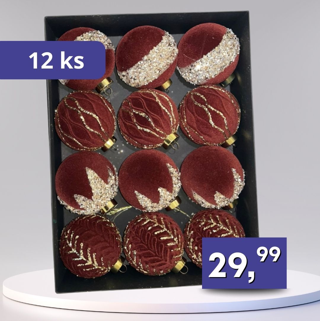 Zamatové vianočné gule 12ks - rôzne farby